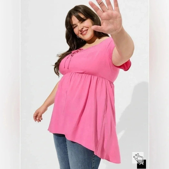 Torrid Pink Babydoll Challis Lace Up Hi-Low Top Short Sleeve 1X E33 - Picture 1 of 10